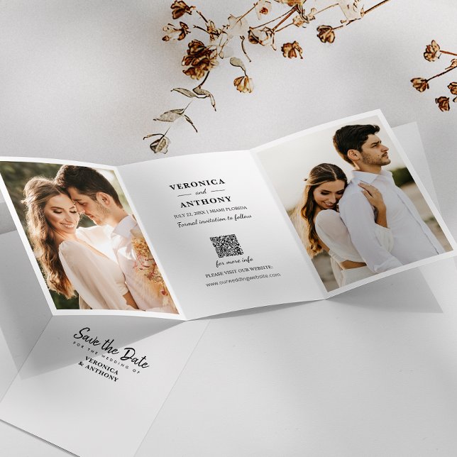 Modern Save the Date Photo Wedding Tri-Fold Announcement (Elegant trifold save the date with photos and QR code for easy wedding info access.)