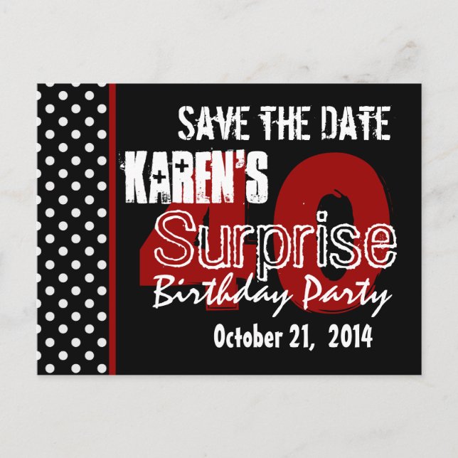 Modern Save the Date Surprise 40th Black Red v49 Announcement Postcard (Front)