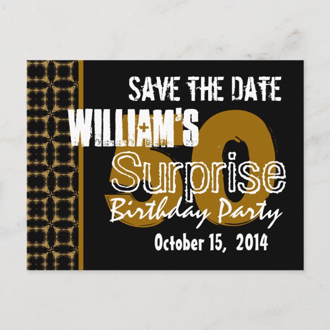 Modern Save the Date Surprise 50th Gold and Black Announcement Postcard (Front)