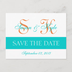 Modern Save the Date Teal Orange Double Monogram Announcement Postcard