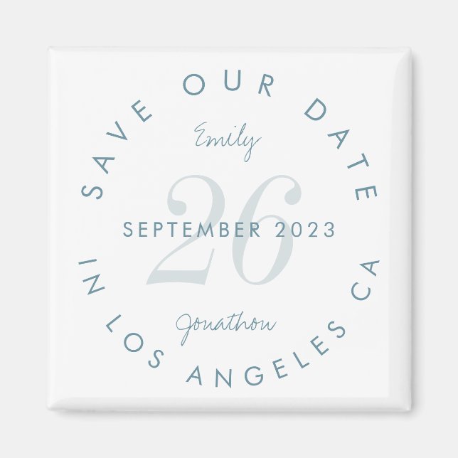 Modern Save the Date Tinted Day Blue Text Names Magnet (Front)