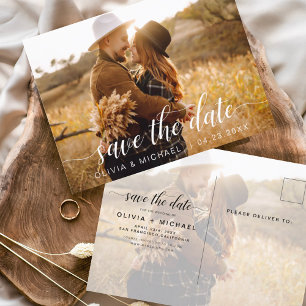 Modern Save the Date White Handwritten Photo Postcard