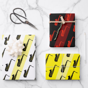 Modern Saxophone Pattern Jazz Black White Red Saxo Wrapping Paper Sheet
