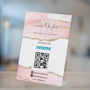 Modern Scan to Pay Venmo QR code Monogram Blush Pedestal Sign