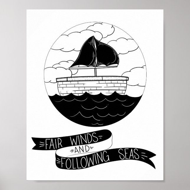Modern Scandi black and white sailing Nursery Poster (Front)