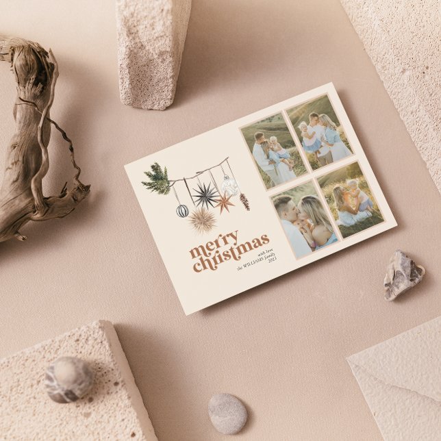 Modern Scandi Boho Neutral Family 4 Photo Merry Holiday Card (Creator Uploaded)