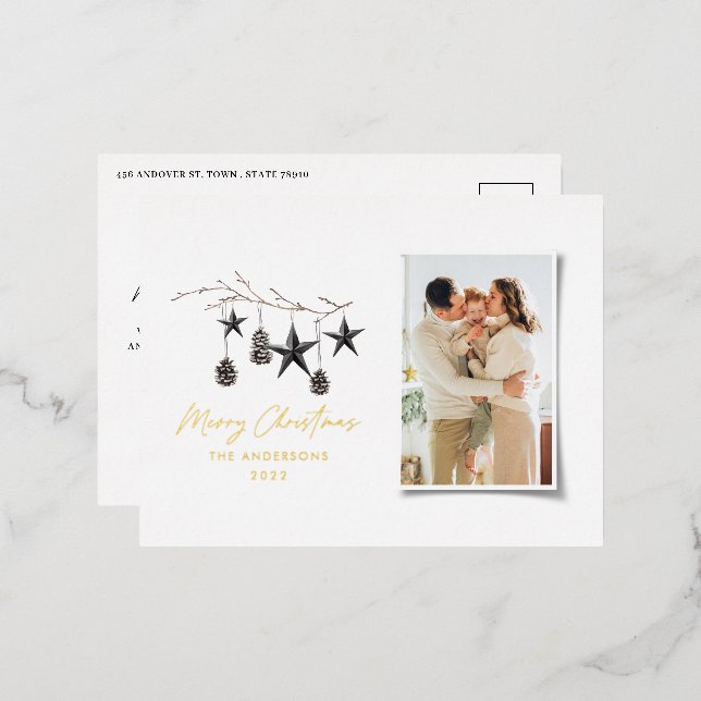  modern scandi botanical Christmas photo Foil Holiday Postcard (Front/Back)