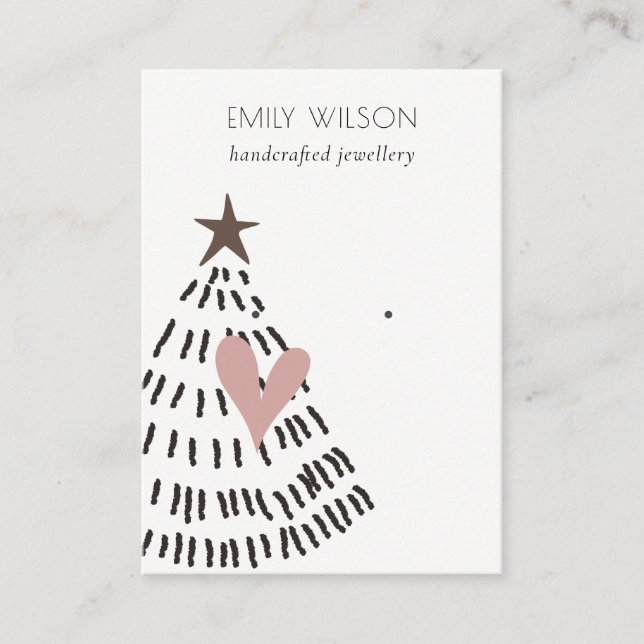 Modern Scandi Christmas Tree Heart Earring Logo Business Card (Front)