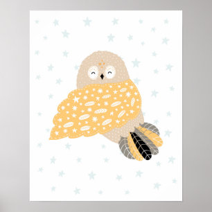 Modern scandi cute owl and stars nursery poster