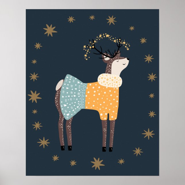 Modern scandi deer and stars nursery poster (Front)