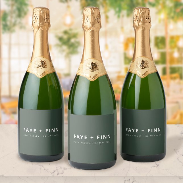 Modern Scandi | Forest Green Minimal Wedding Sparkling Wine Label (Creator Uploaded)