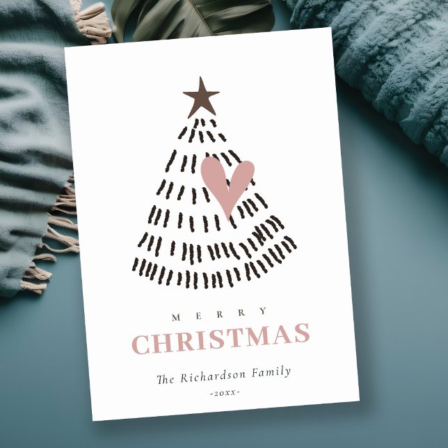Modern Scandi Minimal Blush Heart Christmas Tree Holiday Card (Creator Uploaded)