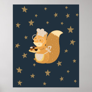 Modern scandi squirrel with cupcakes nursery poster