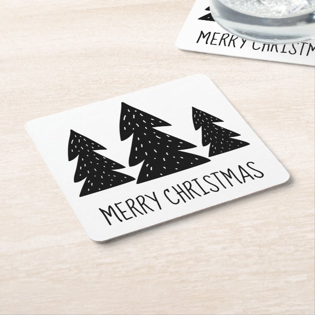 Modern Scandi Whimsical Woodland Black and White Square Paper Coaster (Angled)