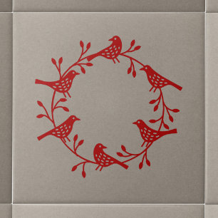 Modern Scandinavian Bird and Rosehip Wreath Ceramic Tile