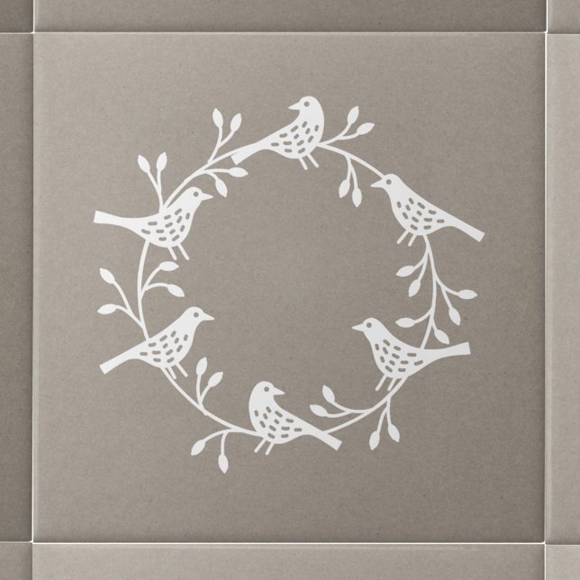 Modern Scandinavian Bird and Rosehip Wreath Ceramic Tile (White Scandinavian bird wreath ceramic tile)