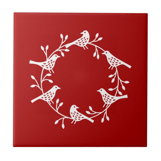 Modern Scandinavian Bird and Rosehip Wreath Ceramic Tile (Front)