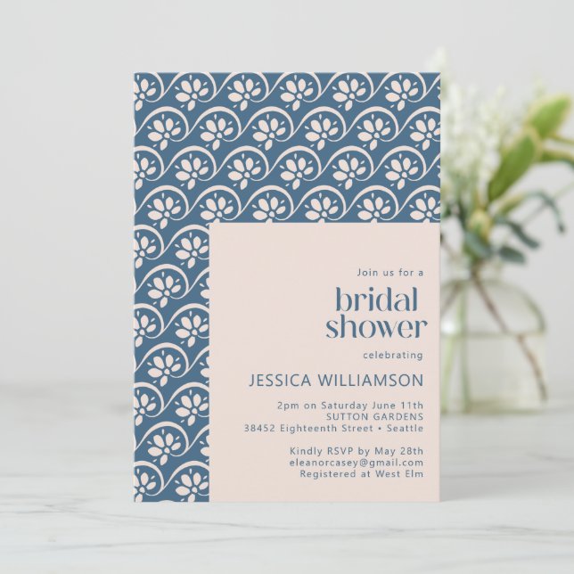 Modern Scandinavian Blue Floral Bridal Shower Invitation (Standing Front)