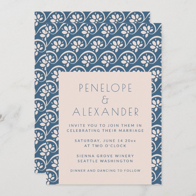 Modern Scandinavian Blue Floral Wedding Invitation (Front/Back)