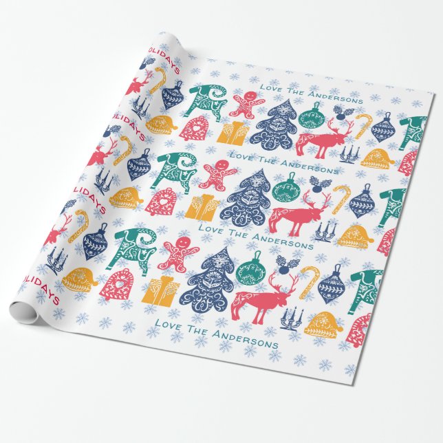 Modern Scandinavian Christmas Folk Art Papercut Wrapping Paper (Unrolled)