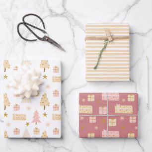 Modern Scandinavian Christmas Patterns Beige Pink Wrapping Paper Sheet