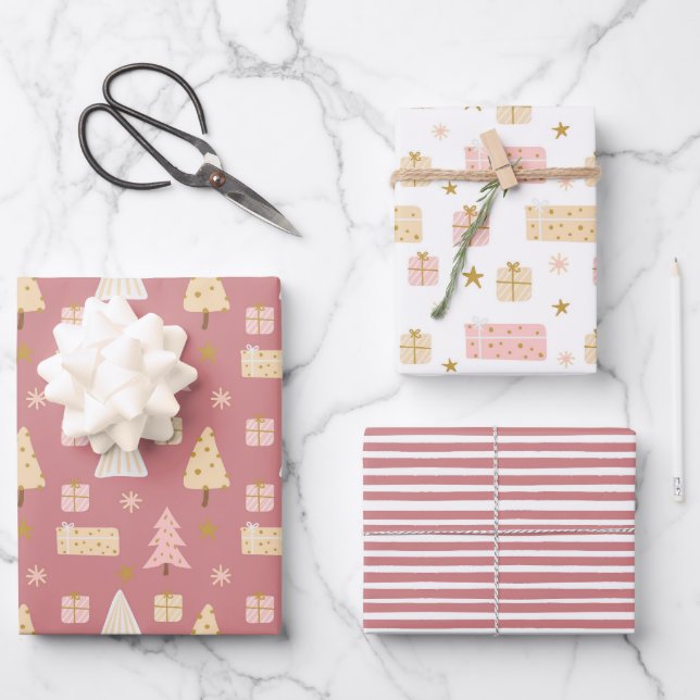 Modern Scandinavian Christmas Patterns Pink Beige Wrapping Paper Sheet (Front)