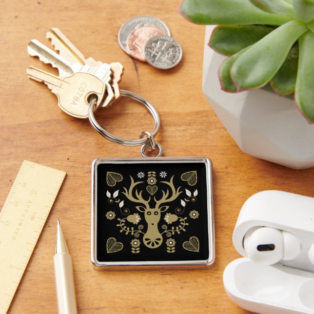 Modern Scandinavian Folk Art Deer Key Ring (Desk)