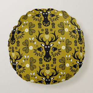 Modern Scandinavian Folk Art Deer Round Cushion