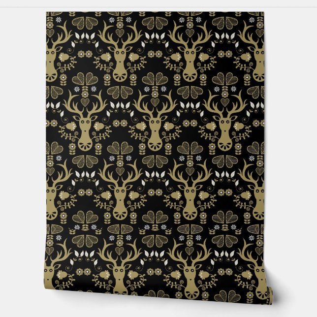 Modern Scandinavian Folk Art Deer Wallpaper (Unrolling)