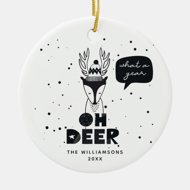 Modern Scandinavian Fun Deer Crazy Year Photo Ceramic Ornament (Front)