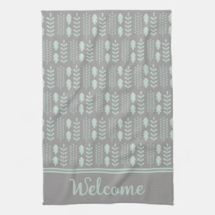 Modern Scandinavian Sage Green Leaves on Grey Tea Towel