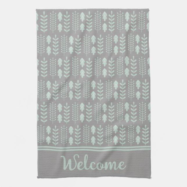 Modern Scandinavian Sage Green Leaves on Grey Tea Towel (Vertical)