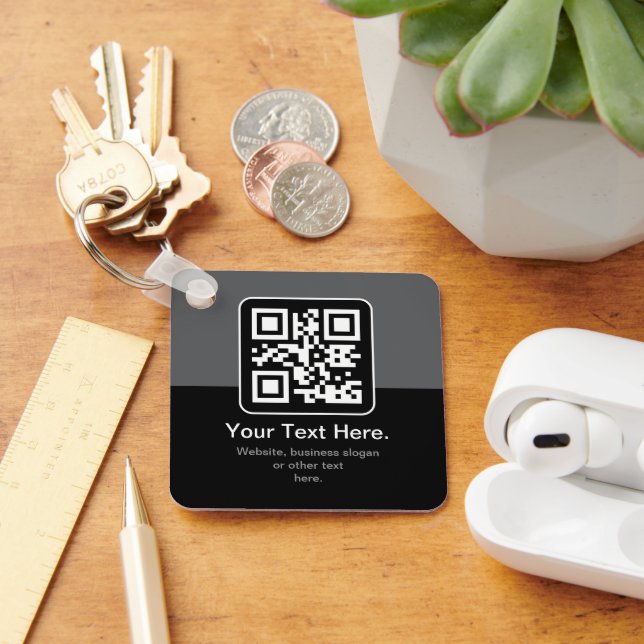 Modern Scannable QR Code | Black Grey & White Key Ring (Desk)