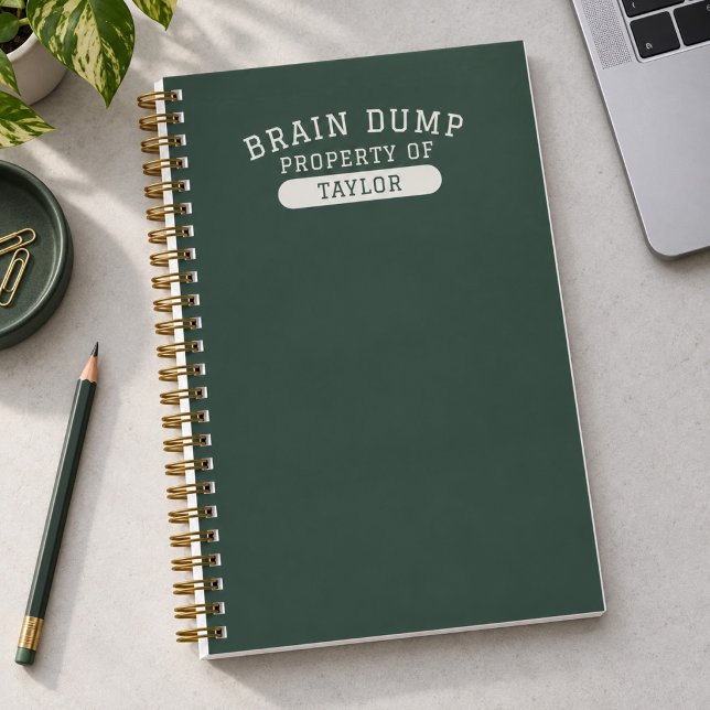 Modern School Brain Dump List Funny Green Notebook (Clean collegiate style with a modern edge.Personalized name makes it uniquely theirs.)