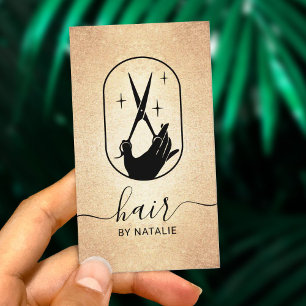 Modern Scissor & Hand Logo Hair Salon Gold Business Card