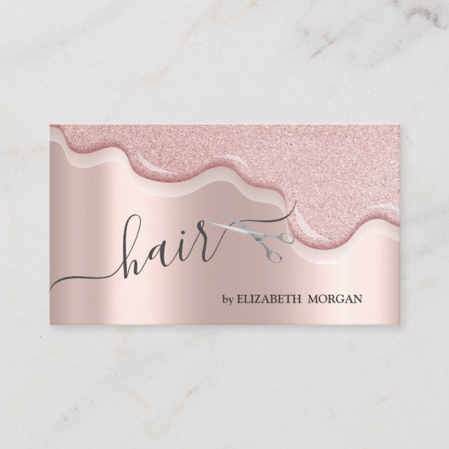 Modern Scissors Glitter Drips Hair Rose Gold Business Card (Front)