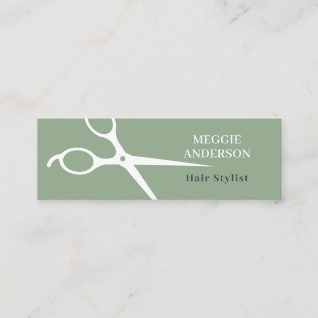 Modern Scissors Hair Stylist Green Mini Business Card (Front)