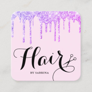 Modern scissors purple glitter drips hair square business card