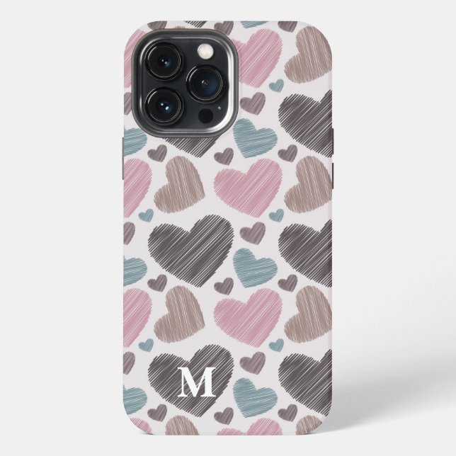 Modern Scribble Hearts Monogram Custom  iPhone Case (Back)