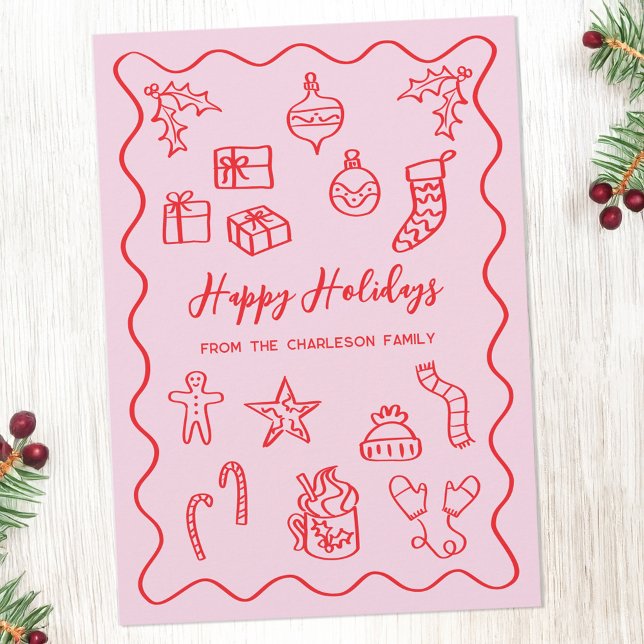 Modern Scribble Illustration Doodle Pink and Red Holiday Card (Fun hand drawn scribble doodle Christmas holiday card in pink & red to personalize with custom text.)