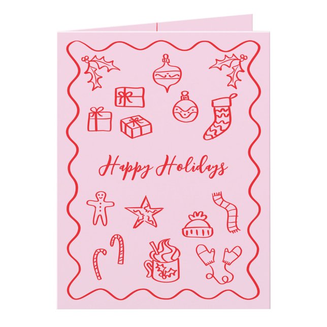 Modern Scribble Illustration Doodle Pink and Red Holiday Card (Pink and red hand drawn doodle custom text personalized folded Christmas holiday card)