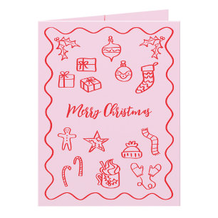 Modern Scribble Illustration Doodle Pink and Red Holiday Card