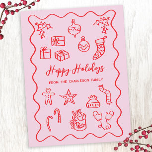 Modern Scribble Illustration Doodle Pink and Red Holiday Postcard
