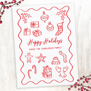 Modern Scribble Illustration Doodle Red and White Holiday Postcard