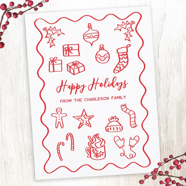 Modern Scribble Illustration Doodle Red and White Holiday Postcard (Fun hand drawn scribble doodle red and white personalized custom text Christmas holiday card)
