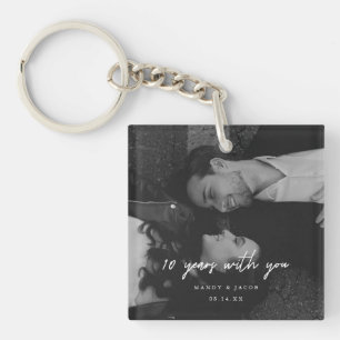 Modern Script 10-Year Anniversary Wedding Photo Key Ring