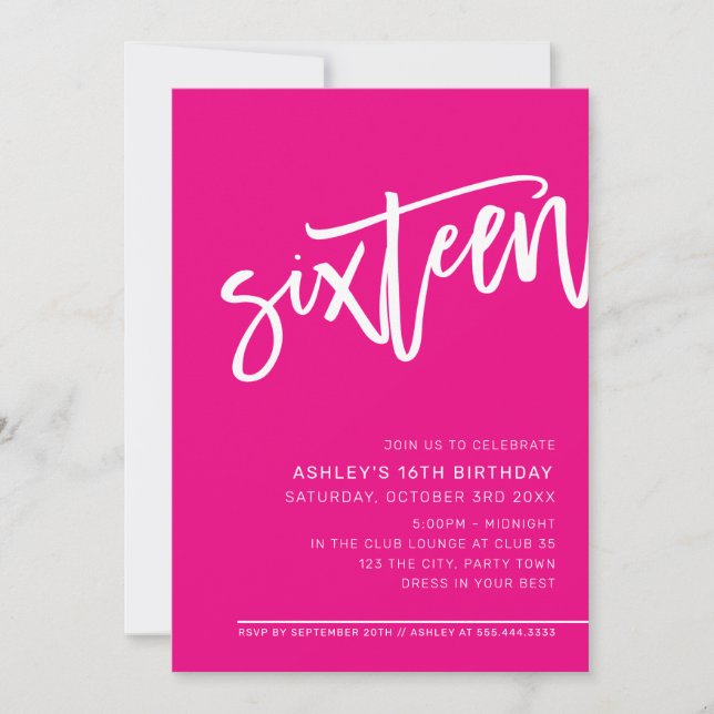 MODERN SCRIPT 16th birthday party hot pink white Invitation (Front)