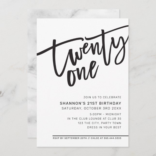 MODERN SCRIPT 21st birthday party black white Invitation (Front/Back)