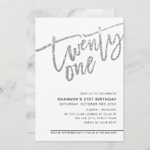 MODERN SCRIPT 21st birthday party silver glitter Invitation