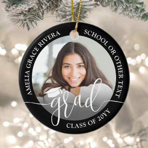 Modern Script 2 Photo Graduation Round Black Ceramic Ornament
